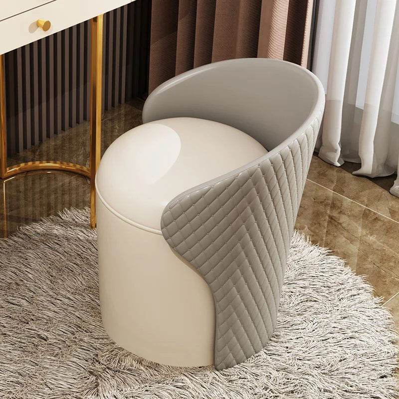 Modern Minimalist PU Leather & Wood Curved Cylinder Vanity Stool With Backrest For Bedroom & Living Room