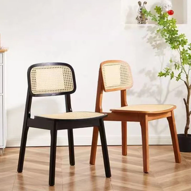 Modern Minimalist Rectangular Rubberwood PVC Rattan Weaving Dining Chair Backrest Armless For Dining Room