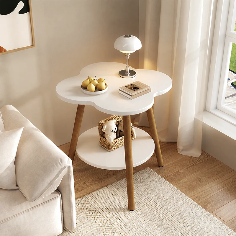 Contemporary Creative MDF Solid Wood Metal Flower-Shaped Round End Table 2-Tier For Living Room