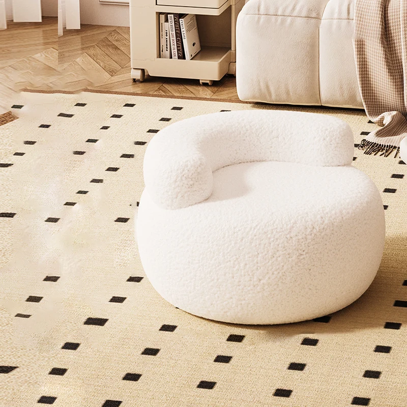 Contemporary Nordic Sherpa Fabric & Wood Round Curved Back Low Stool For Bedroom And Living Room