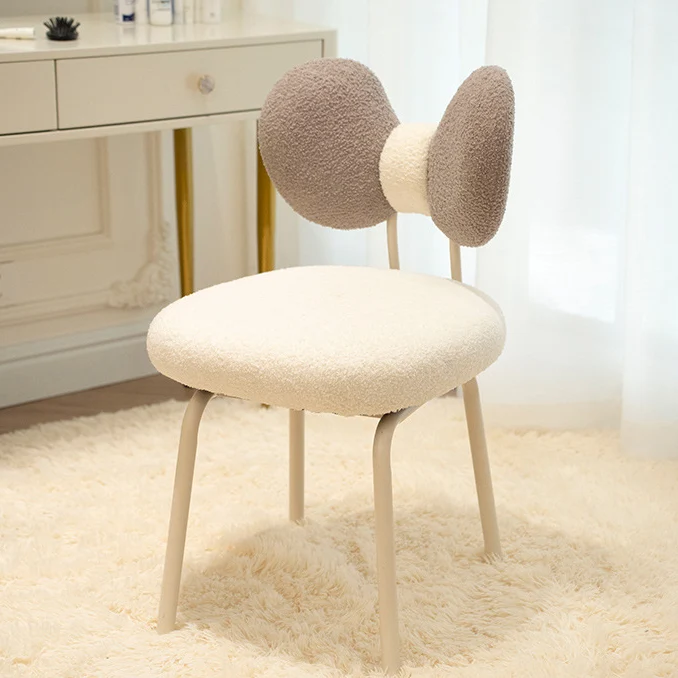 Contemporary Nordic Curved Sherpa Fabric Plywood Upholstered Swivel Vanity Stool Bow-Knot Backrest For Bedroom