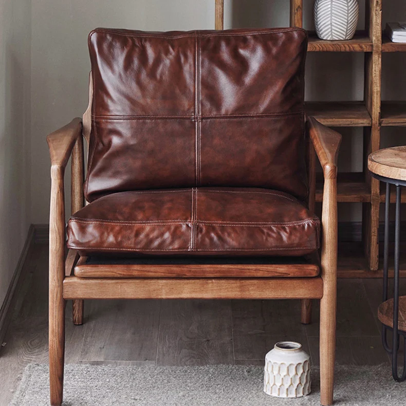 Traditional Japanese Faux Oil-Wax Leather Wood Square Straight-Edge Accent Chair With Backrest Armrests For Bedroom & Living Room