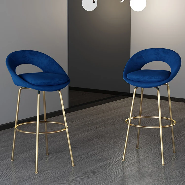Contemporary Luxury Round Matte Velvet Upholstered Iron Legs Bar Stool Low Back Footrest For Dining Room