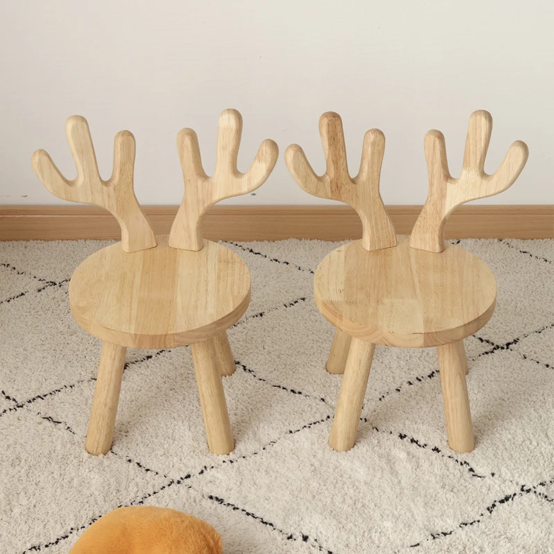 Contemporary Creative Rubberwood Antler Round Kids Low Stool With Backrest For Living Room And Entryway
