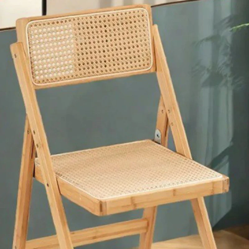 Traditional Japanese Bamboo & Rattan Weaving Square Foldable Weaving Dining Chair With Backrest And Footrest For Kitchen Or Dining Room