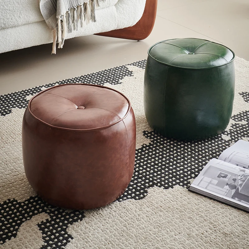 Contemporary Retro Faux Leather Rubberwood Round Button Stackable Footstool For Entryway & Living Room