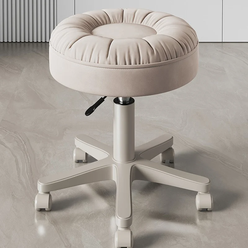 Modern Minimalist Faux Leather & Nylon Round Vanity Stool With Adjustable Height And Swivel For Bedroom & Living Room