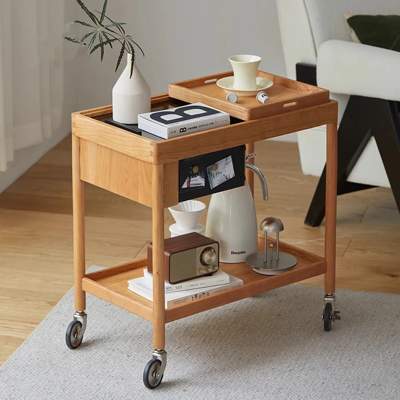 Contemporary Nordic Cherry Wood Oak Plywood Glass Rectangular Cart Movable End Table With 2-Tier Storage For Living Room And Bedroom