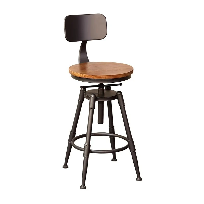 Contemporary Industrial Solid Wood Faux Leather Iron Round Square Bar Stool With Backrest For Living Room & Dining Room