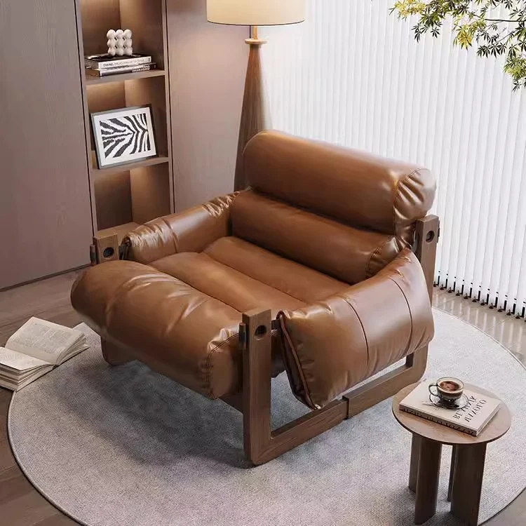 Traditional Chinese Faux Oil-Wax Leather Solid Wood Square-Rounded Accent Chair With Backrest Armrest For Living Room
