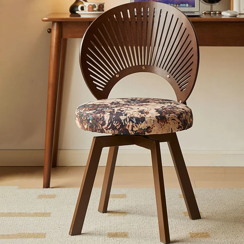 Traditional French Shell Round Cotton Linen Carbon Steel Swivel Dining Chair Backrest Armless For Dining Room