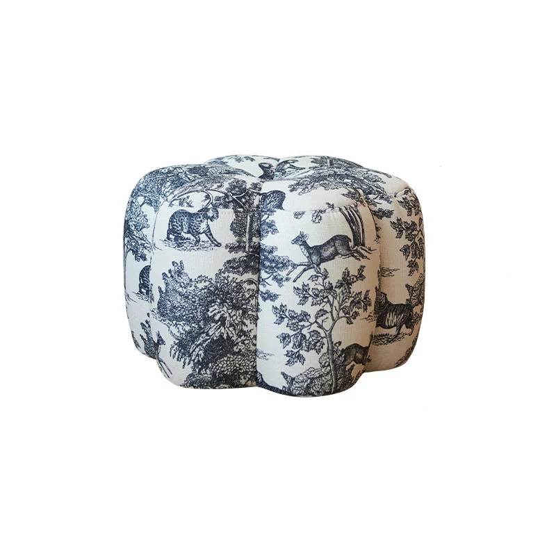 Contemporary Retro Flower Cube Cotton Linen Faux Oil-waxed Leather Pine Wheels Footstool Backless Armless For Living Room