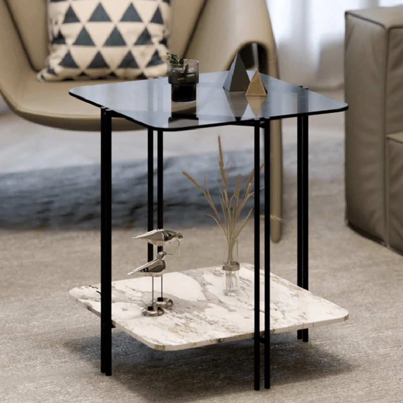 Contemporary Luxury Stone Panel Square Top Iron End Table 2-Tier Storage Shelves For Living Room