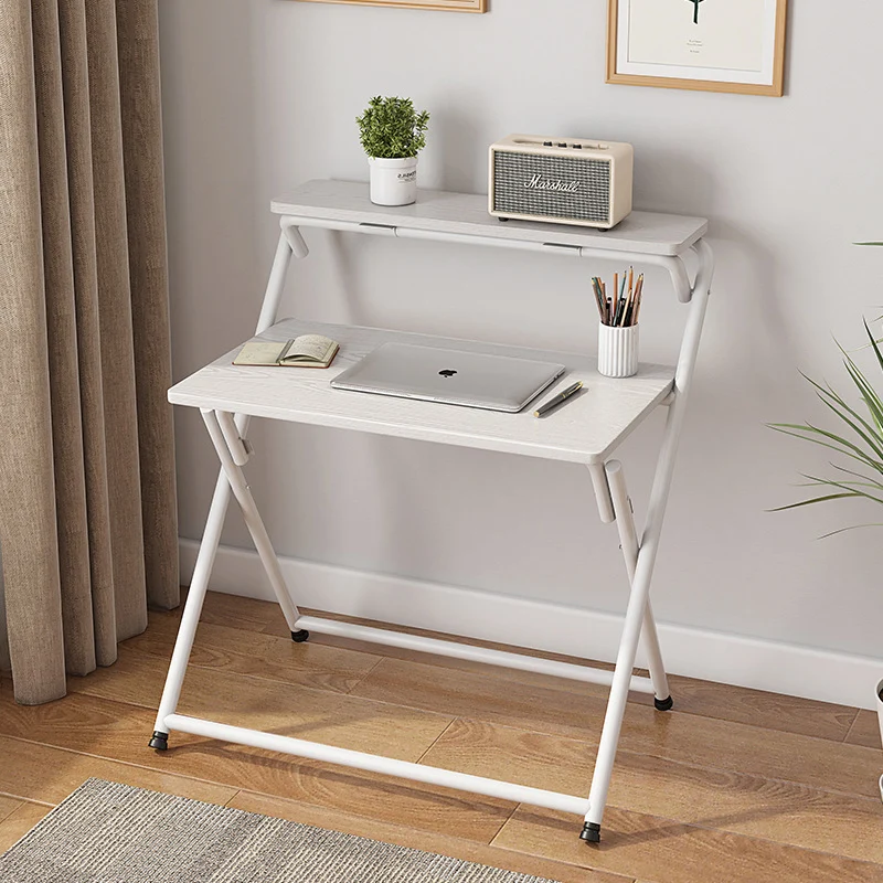 Modern Minimalist MDF Iron Rectangular Foldable Desk With 2 Tiers For Home Office And Study