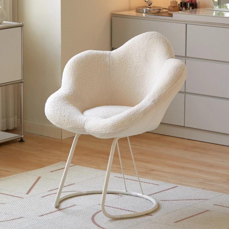 Contemporary Nordic Swivel Sherpa Fabric Iron Petal Vanity Stool With Backrest & Armrests For Bedroom