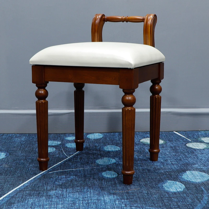 Contemporary Retro Microfiber Leather Fabric Rubberwood Jacquard Square Vanity Stool With Backrest For Bedroom