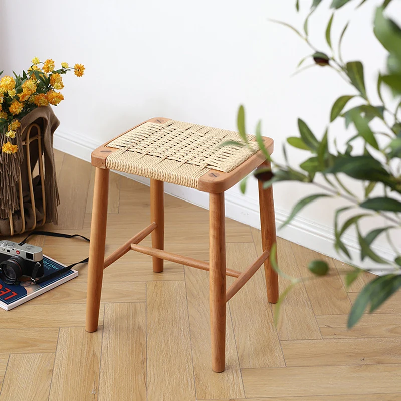 Contemporary Retro Cherry Wood Oak Walnut Kraft Paper Rope Square Vanity Stool Backless For Bedroom