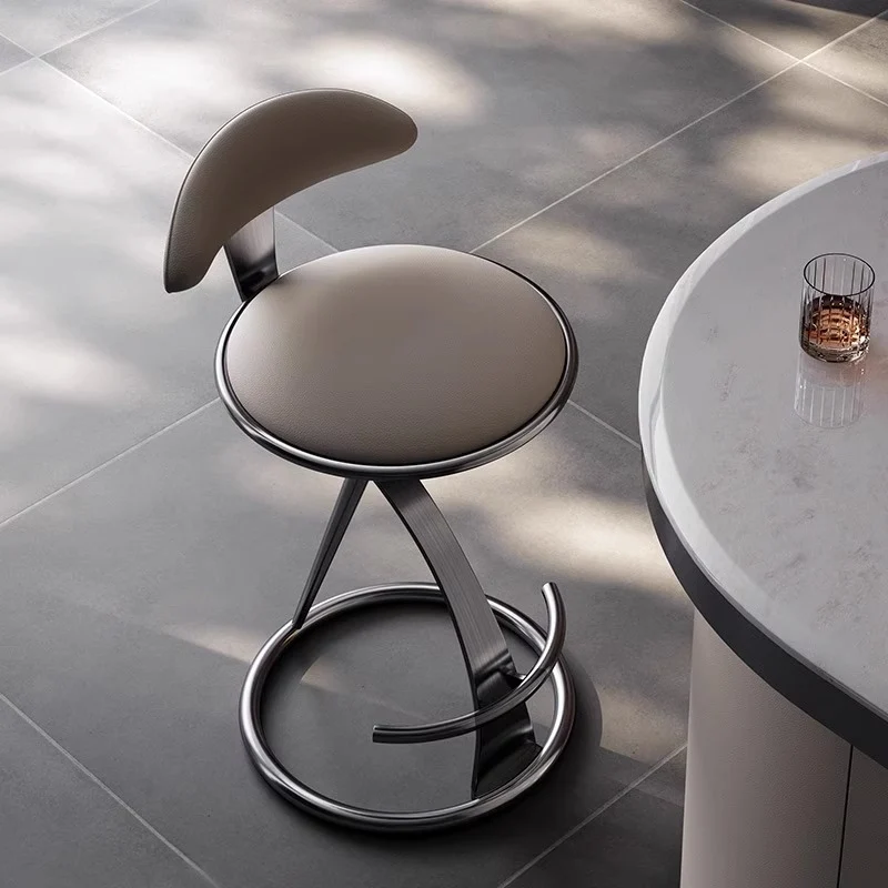 Modern Luxury Microfiber Leather & Stainless Steel Round Bar Stool Backrest & Footrest For Kitchen & Bar