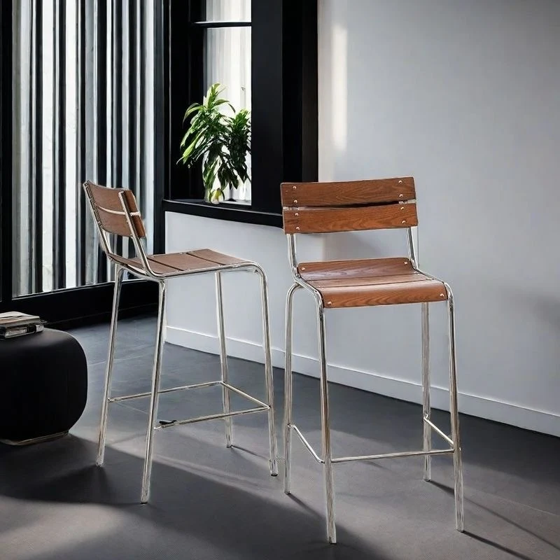 Contemporary Retro Plywood Carbon Steel Square Bar Stool With Backrest & Footrest For Kitchen & Bar Counter