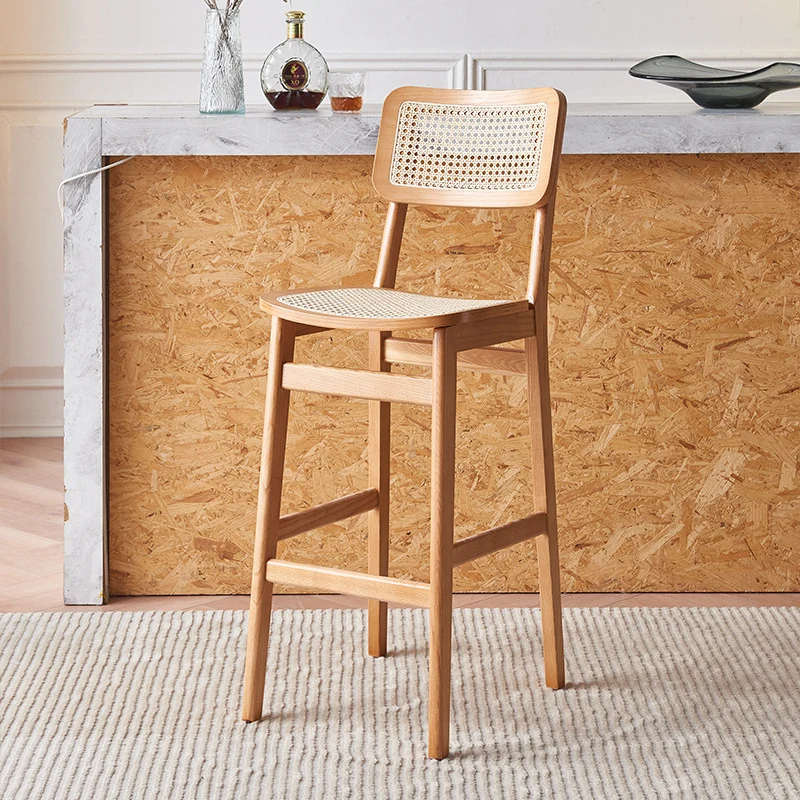 Traditional Japanese Weaving Ash Wood Plywood Rattan Weaving Square Bar Stool With Backrest & Footrest For Kitchen & Bar Counter
