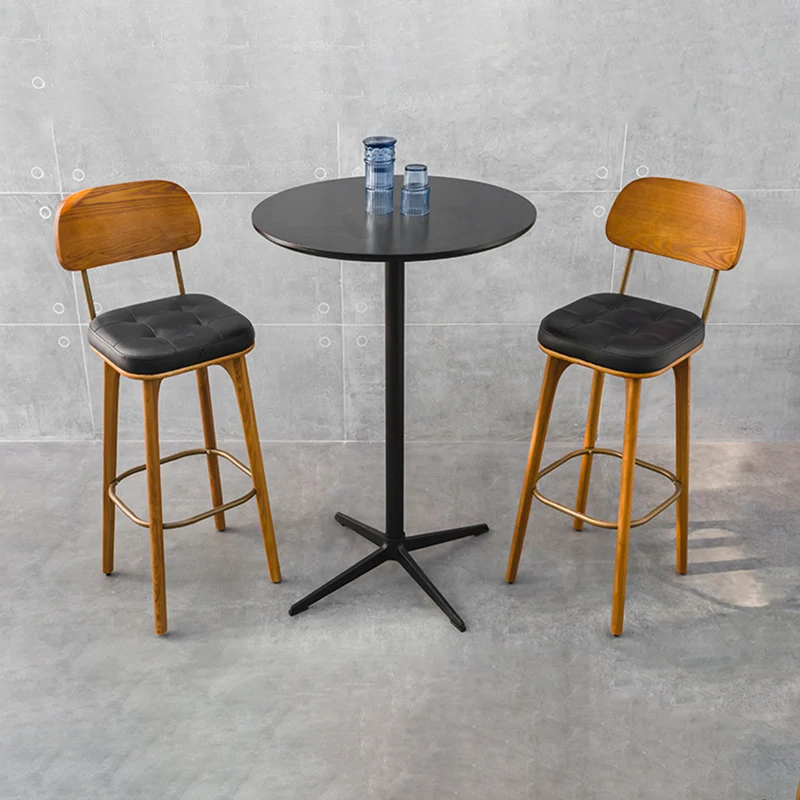 Contemporary Industrial Ash Wood Plywood PU Leather Square Bar Stool With Backrest And Footrest For Kitchen & Bar