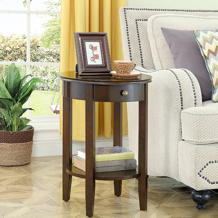 Traditional Chinese MDF Beech Wood Round End Table With 1-Drawer And 2-Tier For Living Room