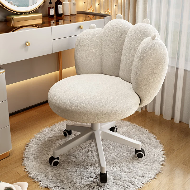 Contemporary Nordic Sherpa Fabric & Carbon Steel Cat-Paw Back Round Seat Vanity Stool With Swivel & Adjustable Height For Bedroom & Living Room