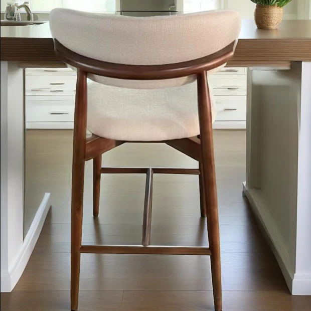 Contemporary Nordic Ash Wood & Fabric Curved Back Bar Stool For Kitchen Island & Dining Area