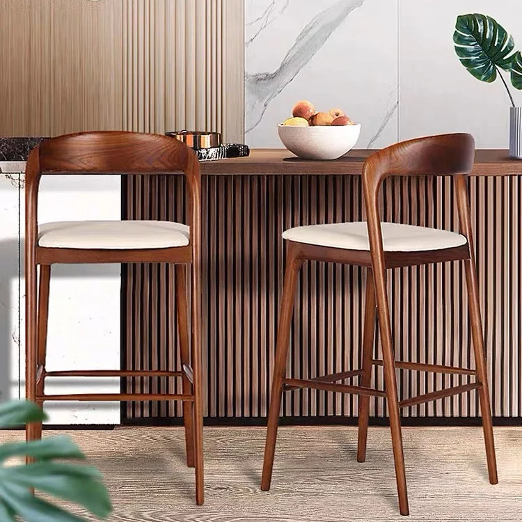 Modern Minimalist Wood Faux Leather Rectangular Bar Stool With Curved Backrest For Dining Room