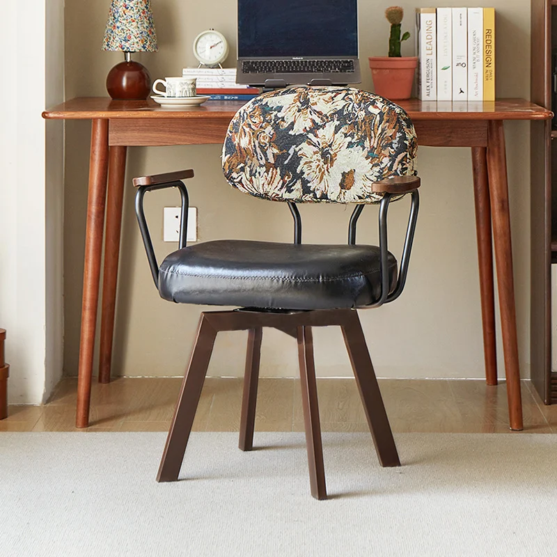 Contemporary Retro PU Leather Metal Sunflower Floral Swivel Desk Chair Backrest Armrest For Study