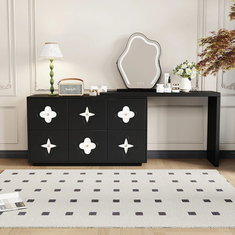 Traditional French Plywood Pine Wood Rectangular Clover Pattern Makeup Vanity & Chair Set With Mirror And 6 Drawers For Bedroom