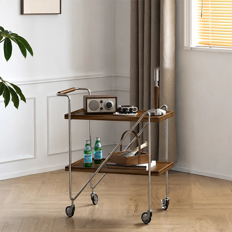 Contemporary Retro Rectangular Rubberwood Tray Top End Table 2-Tier Rolling Cart For Living Room