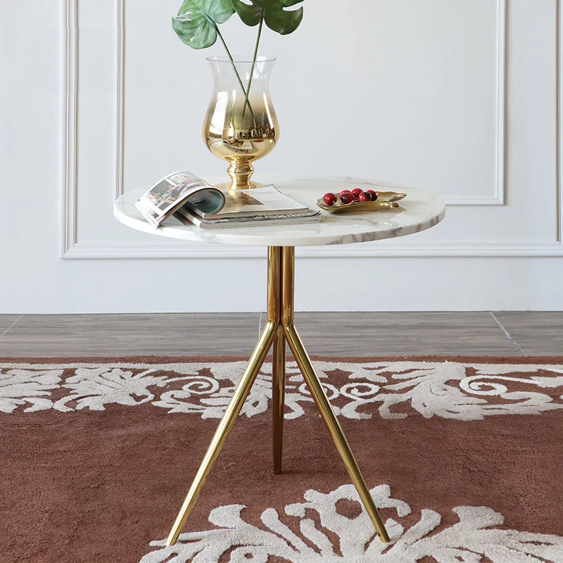 Contemporary Luxury Artificial Stone Round Top Stainless Steel Base End Table For Living Room