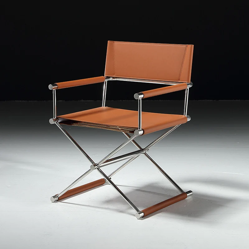 Modern Minimalist Square Cross Saddle-Style Faux Leather Stainless Steel Dining Chair Backrest Armrest For Dining Room