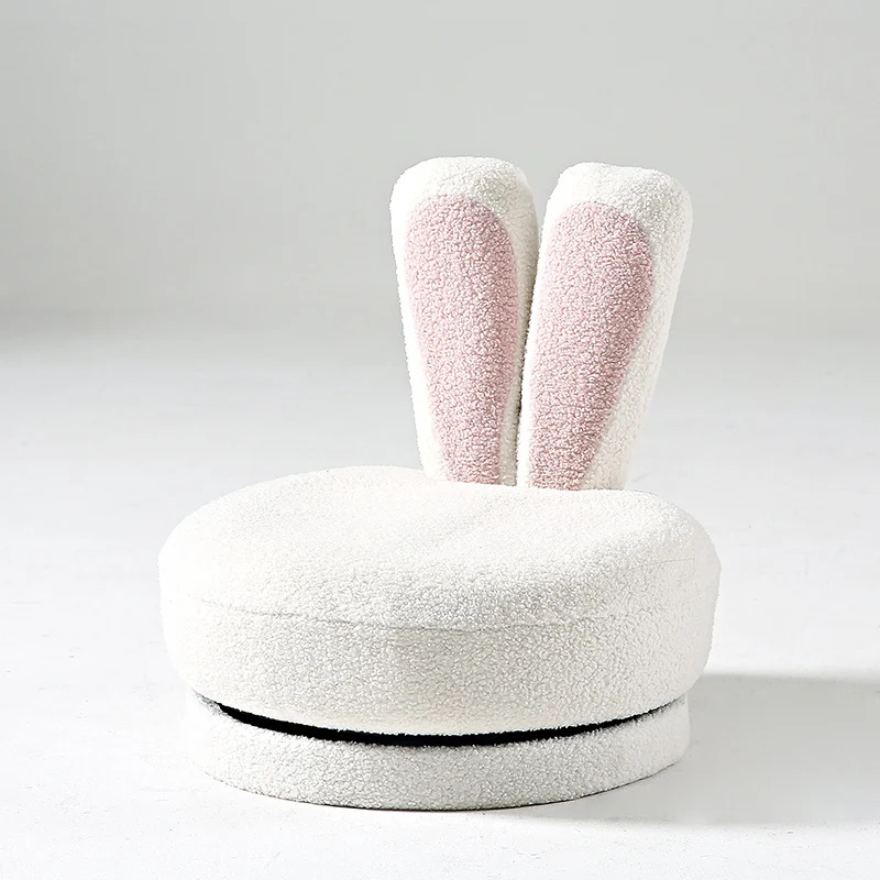 Contemporary Creative Round Rabbit Ears Swivel Sherpa Fabric Solid Wood Low Stool Backrest Armless For Living Room