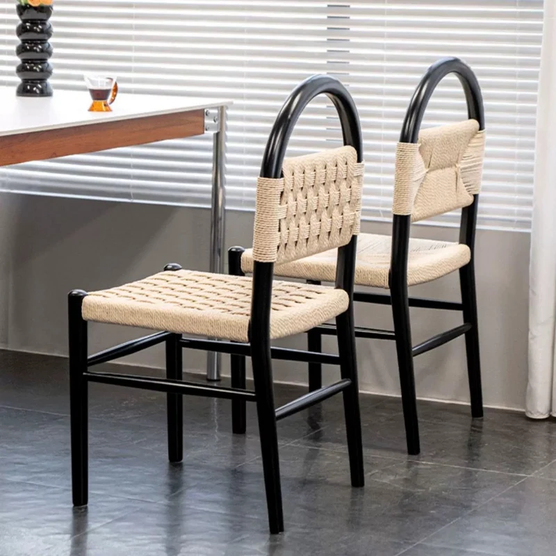 Modern Mid-Century Oval Half Hollow Back Rubberwood Kraft Rope Dining Chair For Dining Room