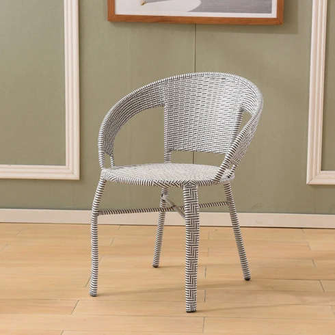 Modern Minimalist Metal & PE Rattan Round Handwoven Dining Chair With Backrest For Outdoor Patio