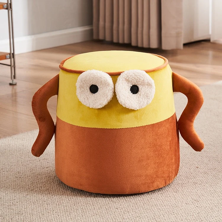 Contemporary Creative Cylinder Big Eyes Solid Wood Flannelette Footstool Backless Armless For Living Room
