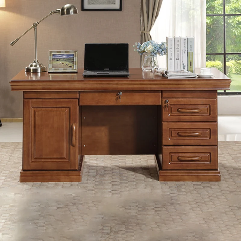 Contemporary Retro Plywood Rubber Wood Hardware Rectangular Desks 4-Drawer Cabinet For Home Office