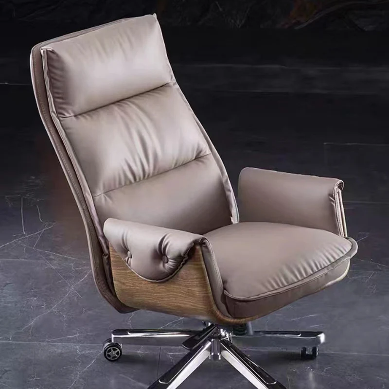 Modern Luxury Genuine Leather Plywood & Aluminum Rectangular Back Desk Chair With Footrest & Wheels For Study & Home Office
