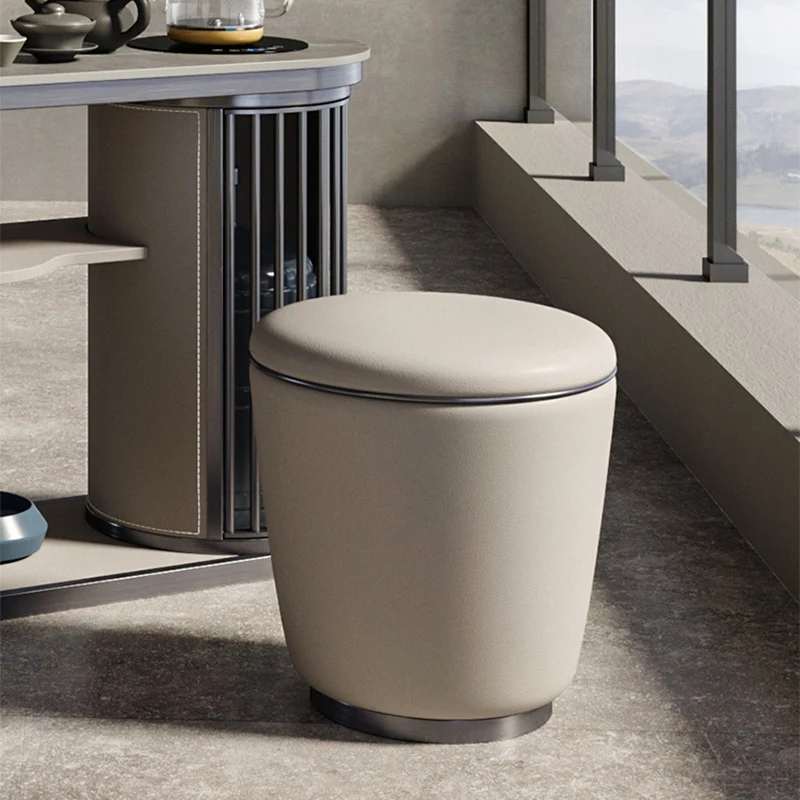 Modern Simplicity Microfiber Leather Stainless Steel Wood Round Vanity Stool For Bedroom, Living Room, And Tea Room