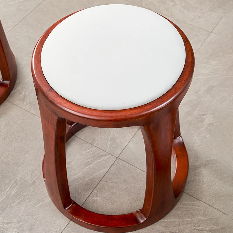 Traditional Chinese Synthetic Fabric & Faux Nappa Leather Rubberwood Round Low Stool For Living Room And Bedroom