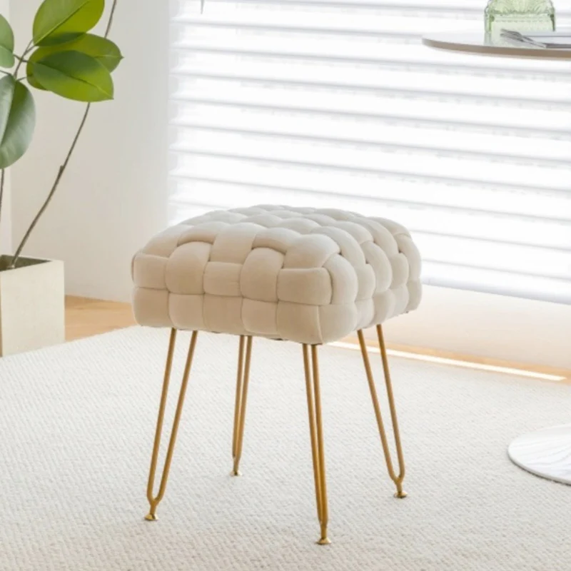 Contemporary Nordic Square Velvet Fabric Weaving Steel Footstool Backless Armless For Living Room