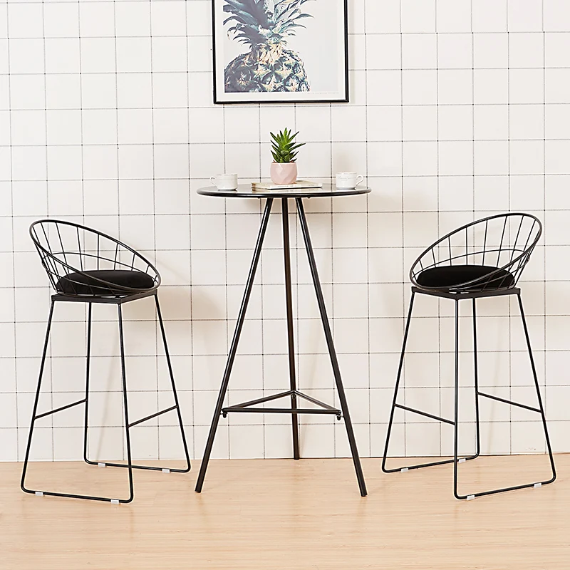 Modern Minimalist Wrought Iron & Leather Round Bar Stool With Backrest Footrest For Dining Room