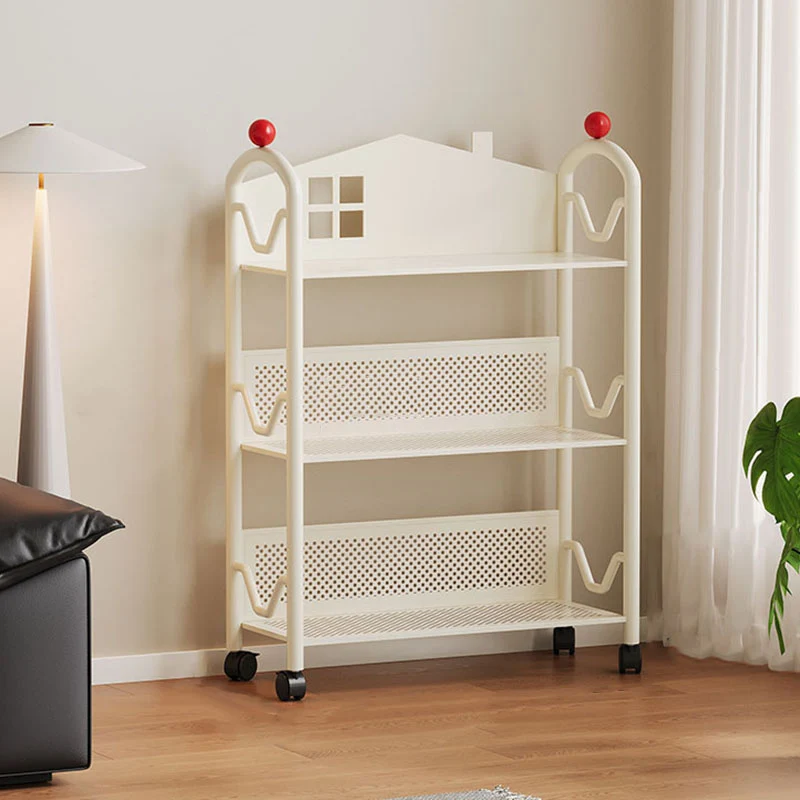 Contemporary Nordic Narrow Castle-Shaped Iron Movable Kids Storage Shelf 3/4-Tier For Living Room