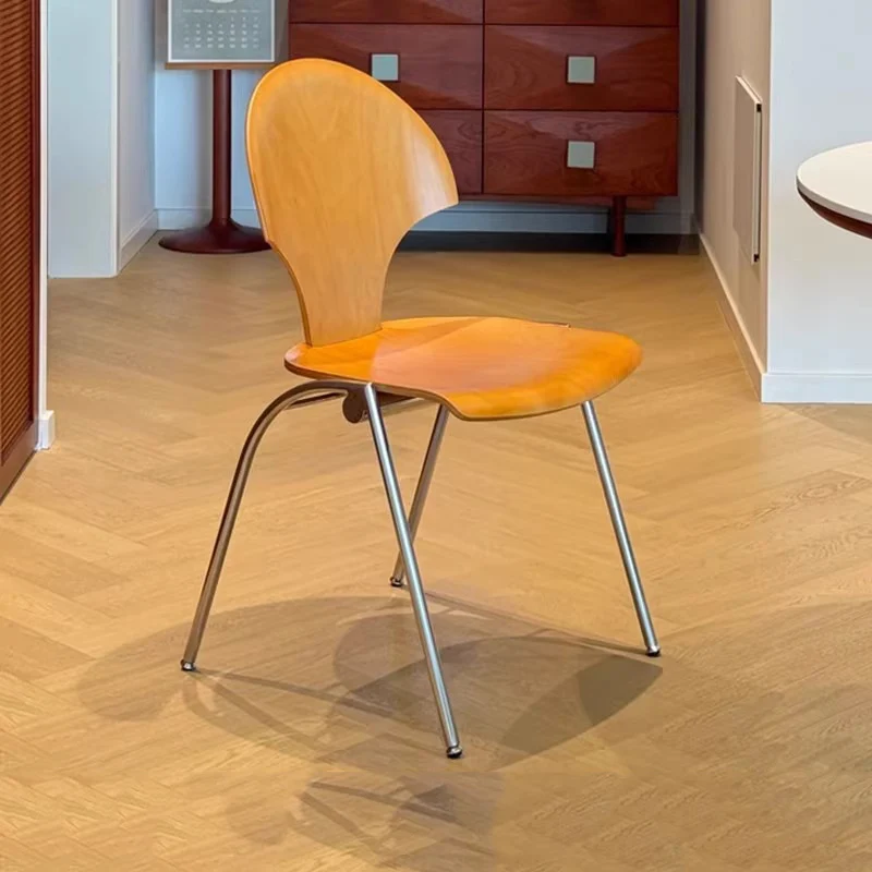 Contemporary Retro Square Ginkgo-shaped Beech Wood Iron Stackable Dining Chair Backrest Armless For Dining Room & Kitchen
