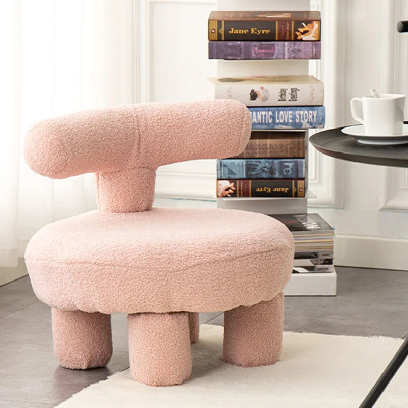 Modern Minimalist Plywood Sherpa Fabric Round Low Stool With Backrest For Living Room & Entryway