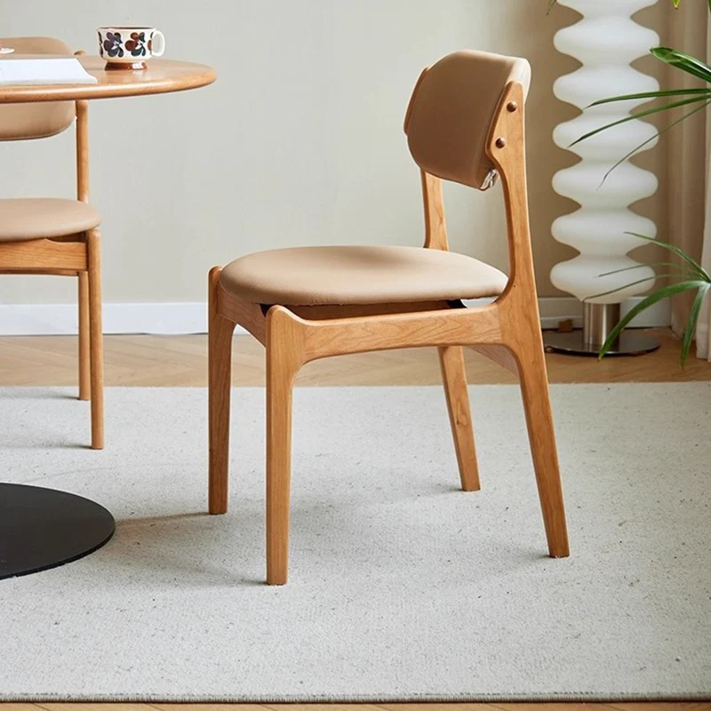 Contemporary Scandinavian Square Cherry Wood / Dark Walnut High-Quality Faux Leather Backrest Dining Chair For Dining Room
