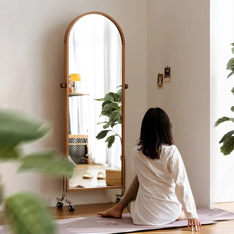 Modern Minimalist Arched Stainless Steel North American Cherry Wood Black Walnut Wood Multi-Layer Plywood Glass Full-Length Mirror 4-Tier For Bedroom