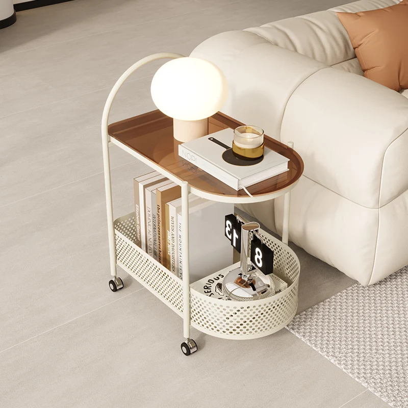 Modern Minimalist Arched Carbon Steel Tempered Glass Side Table 2-Tier For Living Room